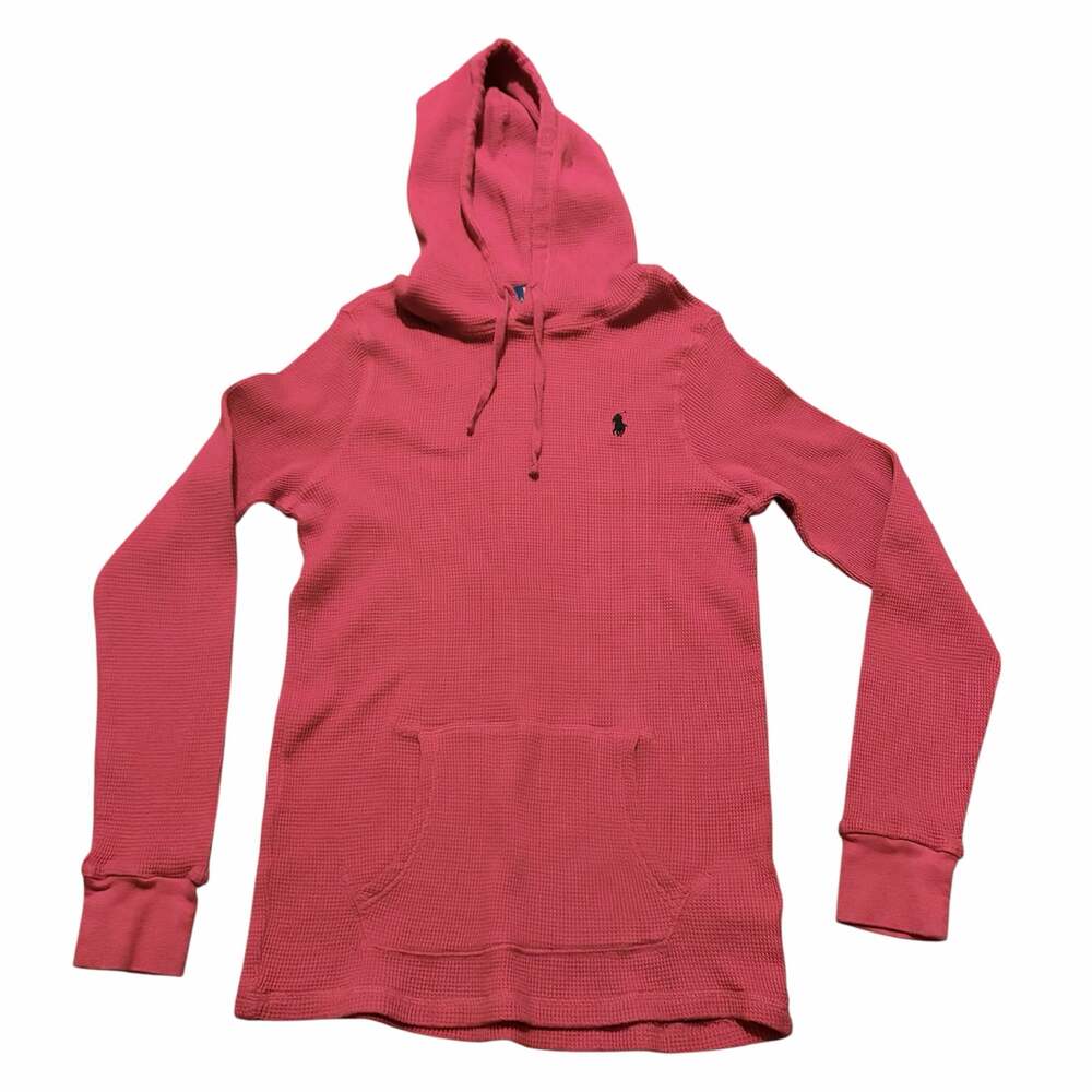 Polo Ralph Lauren Red Waffle Knit Hoodie Blue Pony Logo Pullover Medium